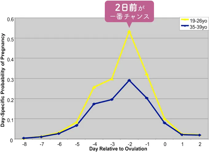 排卵日の2日前の妊娠確率は、19才から26才までが約53％、35才から39才までが約30％。
