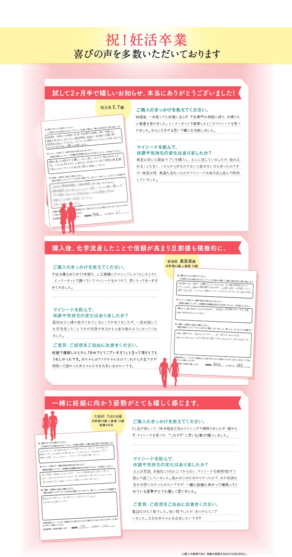 祝! 妊活卒業 喜びの声を多数いただいております／試して2ヶ月半で嬉しいお知らせ。本当にありがとうございました! 埼玉県 E.T様／ご購入のきっかけを教えてください。 結婚後､一年経っても妊娠に至らず、不妊専門の病院に移り､夫婦ともに検査を受けました。インターネットで検索したところマイシードを見つけました。わらにもすがる思いで購入を決断しました。／マイシードを飲んで、体調や気持ちの変化はありましたか? 検査以前にも亜鉛サプリを購入し、主人に渡していましたが、飲み忘れることも多く、こちらから声をかけないと飲まない日もあったのですが、検査以降、意識も変わったのかマイシードは毎日自ら進んで服用していました。／購入後、 化学流産したことで信頼が高まり旦那様も積極的に。 新潟県 真菜美樣 旦那様43歳 奥様 34歳／ご購入のきっかけを教えてください。 不妊治療をはじめて2年経ち、人工授精にチャレンジしようとしたときに、インターネットで調べていてマイシードをみつけて、思いきって夫へすすめてみました。／マイシードを飲んで、体調や気持ちの変化はありましたか? 最初は少し嫌々飲まされているところがありましたが、一度妊娠して化学流産したことで夫が効果があるかもと毎日飲むようになってくれました。／ご意見･ご感想をご自由にお書きください。 妊娠で連絡したときに「おめでとうございます!」と言って頂きとてもうれしかったです。 赤ちゃんは3つ子ちゃんなのでこれから大変ですが頑張って授かった赤ちゃんたちを元気に生みたいです。／一緒に妊娠に向かう姿勢がとても嬉しく感じます。 大阪府 hana様 旦那様44歳 奥様 32歳 結婚4年目／ご購入のきっかけを教えてください。 2人目が欲しくて、1年半程自己流のタイミングで頑張りましたが、 授からず、マイシードを見つけ、“これだ!!” と思い私(妻)が購入しました。／マイシードを飲んで、体調や気持ちの変化はありましたか? 主人は禁酒、お風呂に5分以上つからない、 マイシードを朝晩1錠ずつ飲んで過ごしていました。 飲みはじめたばかりだったので、まだ体調の変化は感じなかったみたいですが、 一緒に妊娠に向かって頑張ってくれている姿勢がとても嬉しく思いました。／ご意見・ご感想をご自由にお書きください。 電話応対も丁寧でした。短い間でしたが、ありがとうございました。元気な赤ちゃんを出産したいです!!／※個人の感想であり、効能を保証するものではありません。