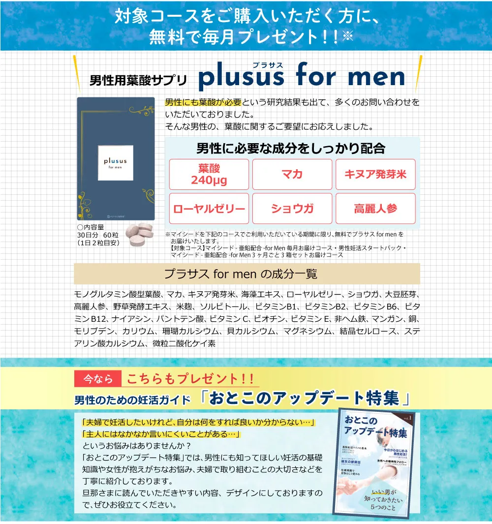 対象コースをご購入いただく方に、無料で毎月プレゼント!! ※／男性用葉酸サプリ plusus for men 男性にも葉酸が必要という研究結果も出て、 多くのお問い合わせをいただいておりました。そんな男性の、葉酸に関するご要望にお応えしました。 ※マイシードを下記のコースでご利用いただいている期間に限り、無料でプラサス for men をお届けいたします。【対象コース】 マイシード-亜鉛配合 for Men 毎月お届けコース 男性妊活スタートパック・マイシード-亜鉛配合 -for Men 3ヶ月ごと3箱セットお届けコース／男性に必要な成分をしっかり配合 葉酸240μg マカ キヌア発芽米 ローヤルゼリー ショウガ 高麗人参／プラサス for men の成分一覧 モノグルタミン酸型葉酸、 マカ、 キヌア発芽米、 海藻エキス、 ローヤルゼリー、 ショウガ､大豆胚芽、高麗人参 野草発酵エキス、 米麹、 ソルビトール、 ビタミンB1、ビタミンB2、ビタミンB6、ビタミンB12、ナイアシン、パントテン酸、ビタミンC、ビオチン、 ビタミンE、非ヘム鉄､ マンガン、銅、モリブデン、カリウム、 珊瑚カルシウム、 貝カルシウム、マグネシウム、 結晶セルロース、ステアリン酸カルシウム、 微粒二酸化ケイ素／今ならこちらもプレゼント!! 男性のための妊活ガイド ｢おとこのアップデート特集｣ 「夫婦で妊活したいけれど、 自分は何をすれば良いか分からない･･･」「主人にはなかなか言いにくいことがある・・・」というお悩みはありませんか?「おとこのアップデート特集」では、 男性にも知ってほしい妊活の基礎知識や女性が抱えがちなお悩み、夫婦で取り組むことの大切さなどを丁寧に紹介しております。旦那さまに読んでいただきやすい内容、 デザインにしておりますので､ぜひお役立てください。
